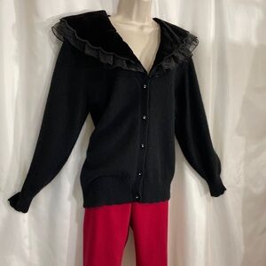 Dressy Black Sweater w/ Velvet Collar with Ruffle